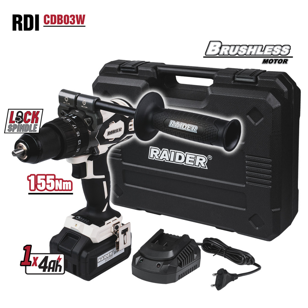 Бормашина ударна безч. 20V 2-ск. 4Ah 155Nm куфар RDI-CDB03W – Raider Industrial – снимка 1