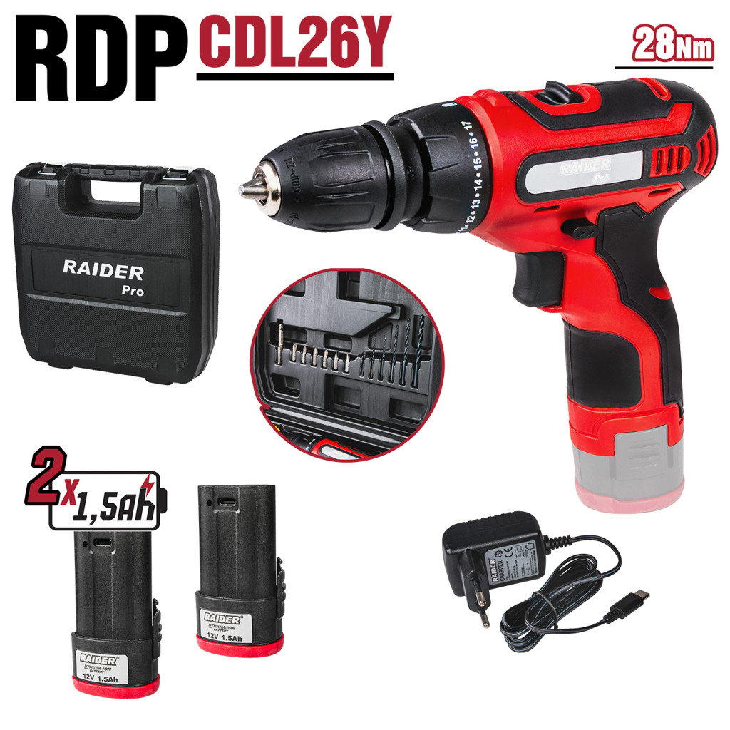 Бормашина акум. 12V 2-ск. 2x1.5Ah 28Nm RAIDER RD-CDL26 – Raider Power Tools – снимка 1