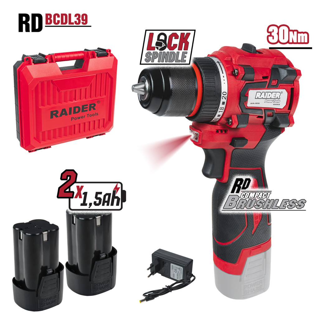 Бормашина безч. 16V 2ск. мет. патр. 2x1,5Ah куфар RD-BCDL39 – Raider Power Tools – снимка 1