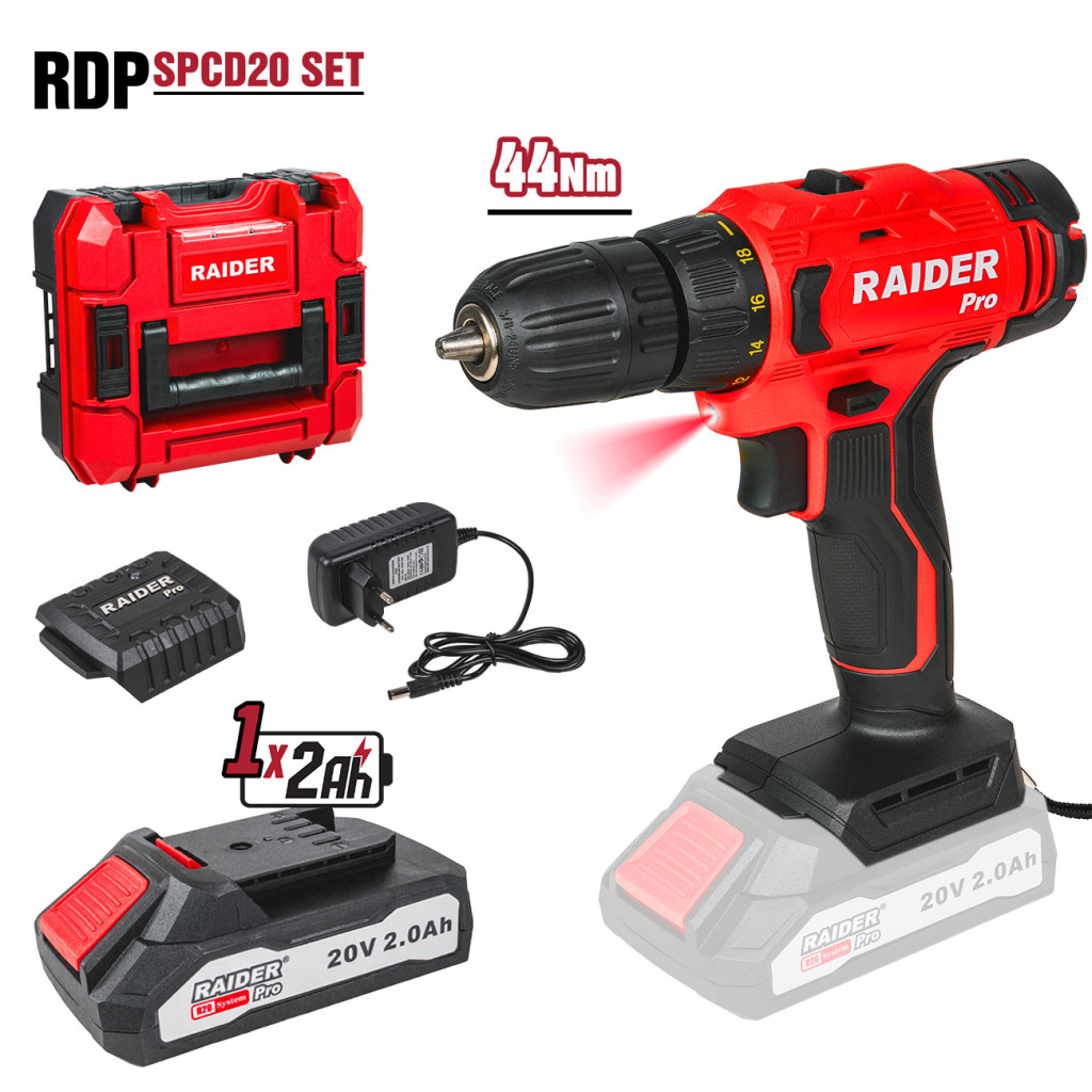 R20 Бормашина акум. 2-ск. 10mm 44Nm 2Ah куфар RAIDER PRO RDP-SPCD20 Set – Raider Pro – снимка 1