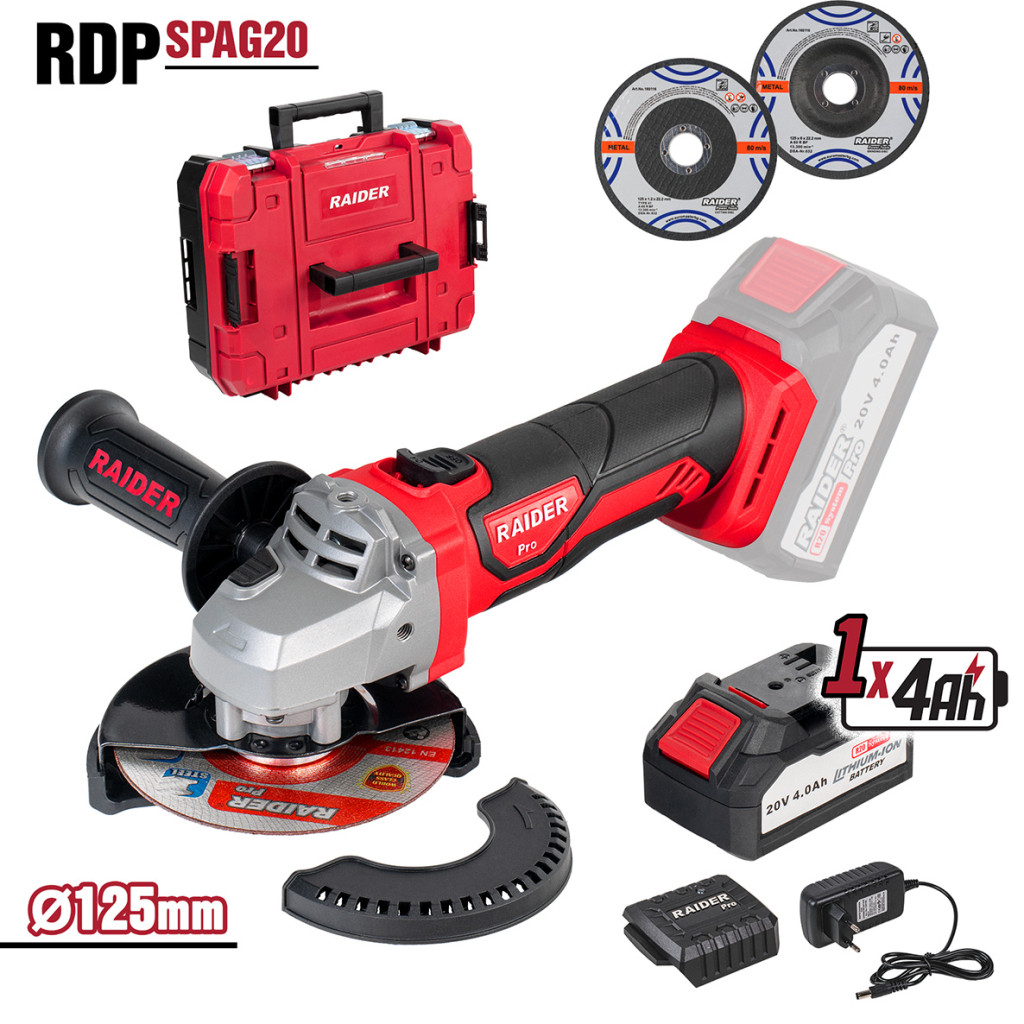 R20 Ъглошлайф Ø125mm 4Ah Case 2 диска RAIDER PRO RDP-SPAG20 Set – Raider Pro – снимка 1
