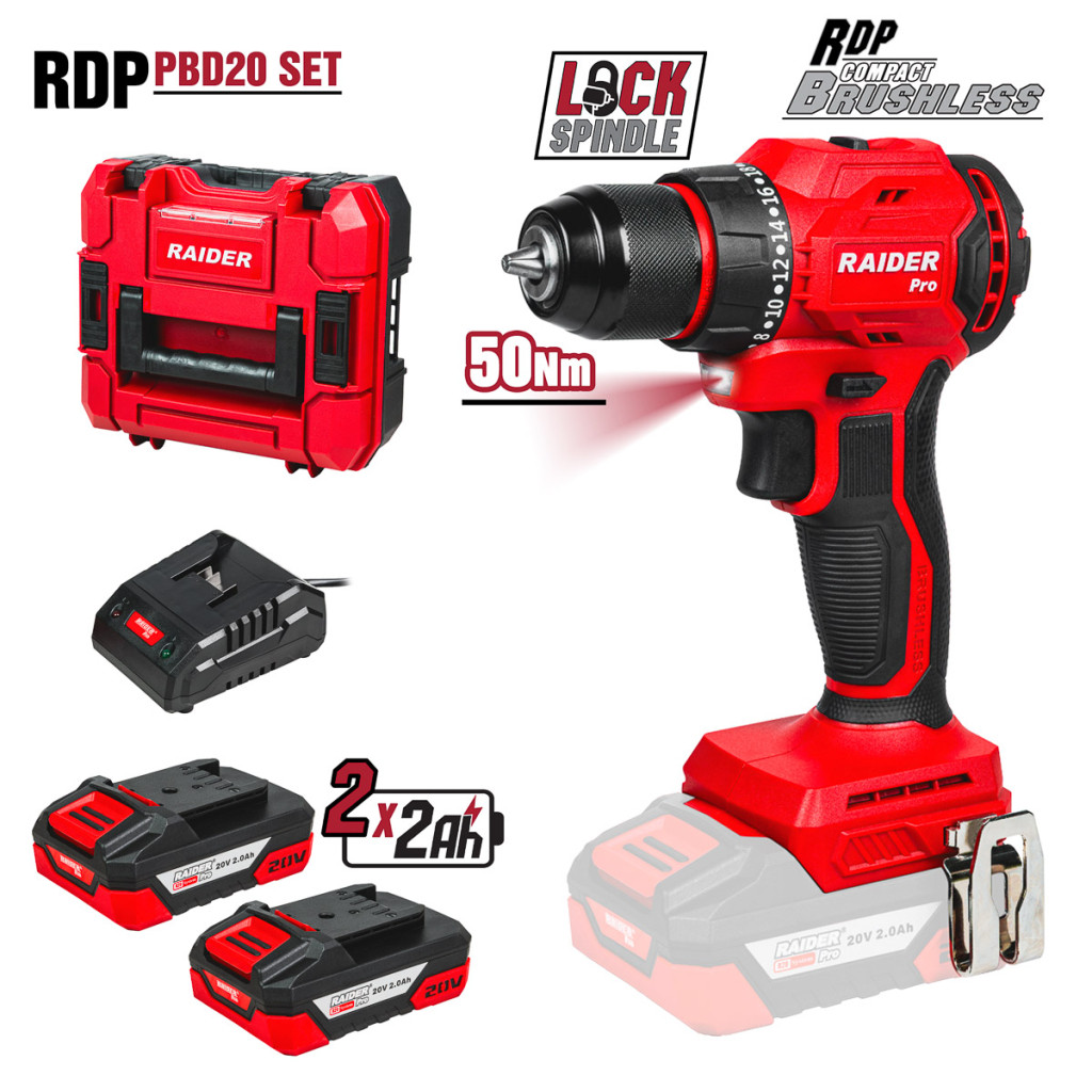 R20 Бормашина безч. 2-ск. 10mm 50Nm 2x2Ah Case RDP-PBD20 – Raider Pro – снимка 1