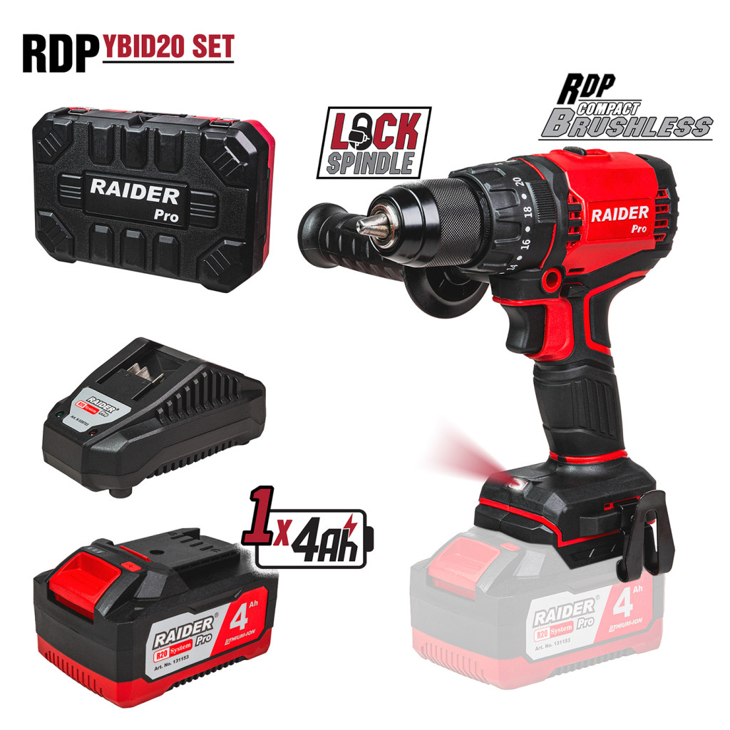 R20 Бормашина уд. безч. 2-ск. 13mm 60Nm 4Ah Case RDP-YBID20 – Raider Pro – снимка 1