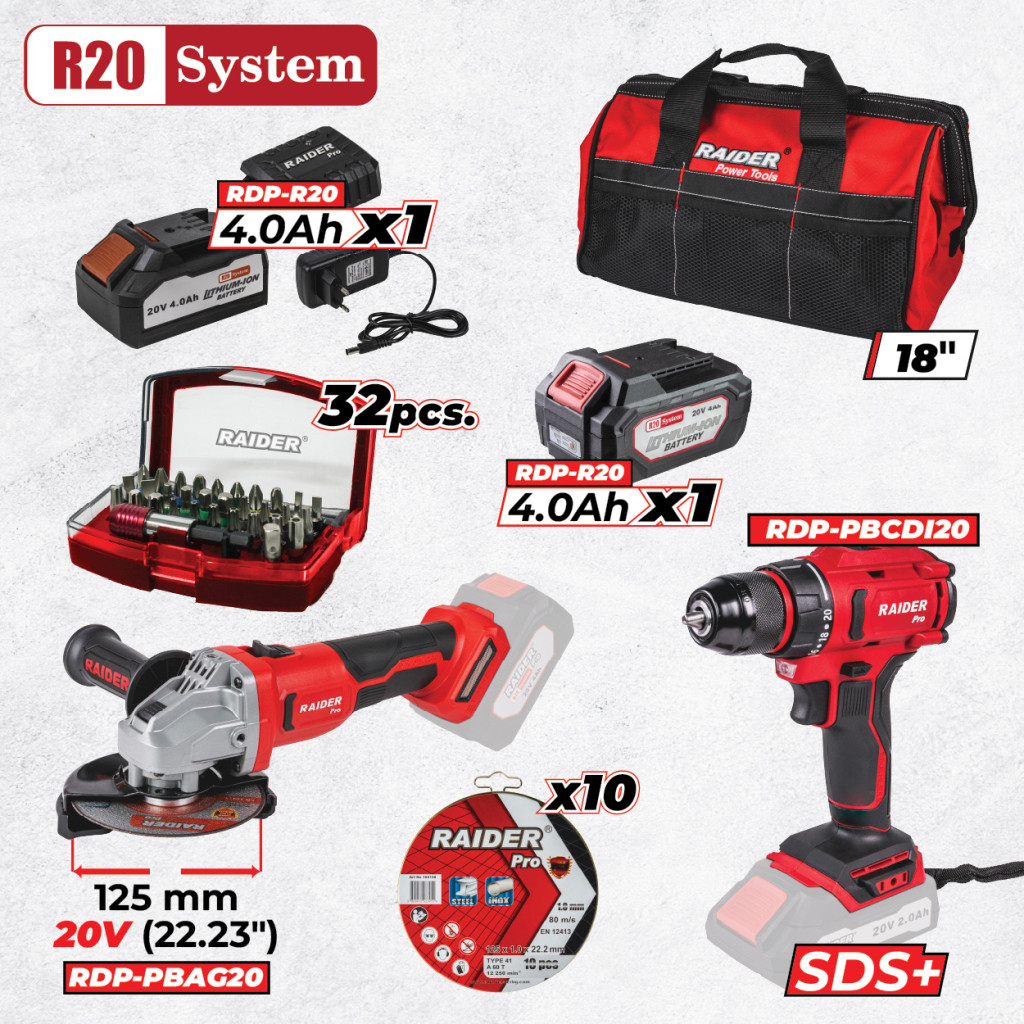 R20 Комплект 2 безчеткови машини 2x4Ah + 2 чанта RDP-BXS14