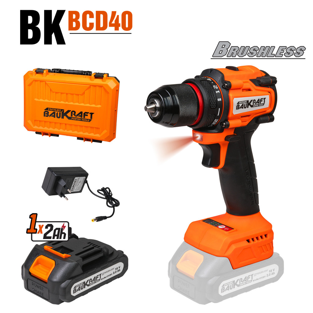 Бормашина безчеткова 18V 2-ск. 10mm 40Nm 2Ah Case BK-BCD40 – Baukraft – снимка 1