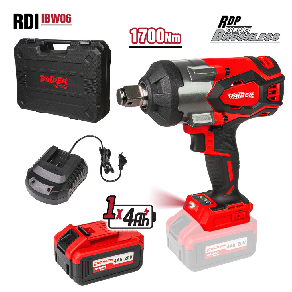 Гайковерт безч. 20V 3-ск.4Ah 1700Nm 3/4" LED куфар RDI-IBW06 – Raider Industrial – снимка 1