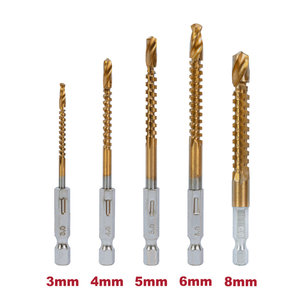 Свредло-Фрезер HSS+TIN 5бр. Ø3-8mm к-т - 1/4 HEX – Raider Power Tools – снимка 1