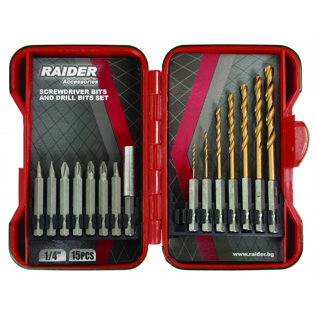 Накрайници и свредла 1/4" 15 бр. К-т RAIDER – Raider Power Tools – снимка 1
