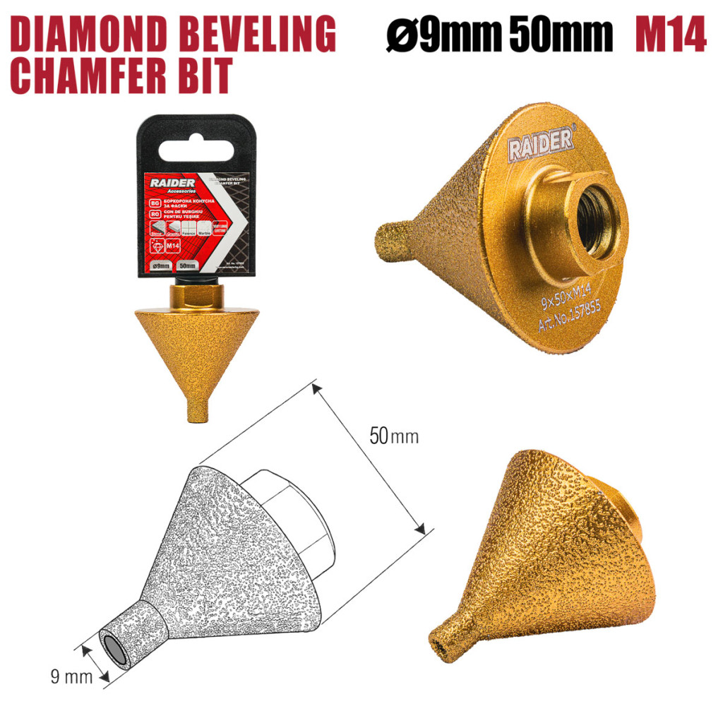 Боркорона Конусна за фаски Diamond Ø9 x 50мм x M14 – Raider Power Tools – снимка 1