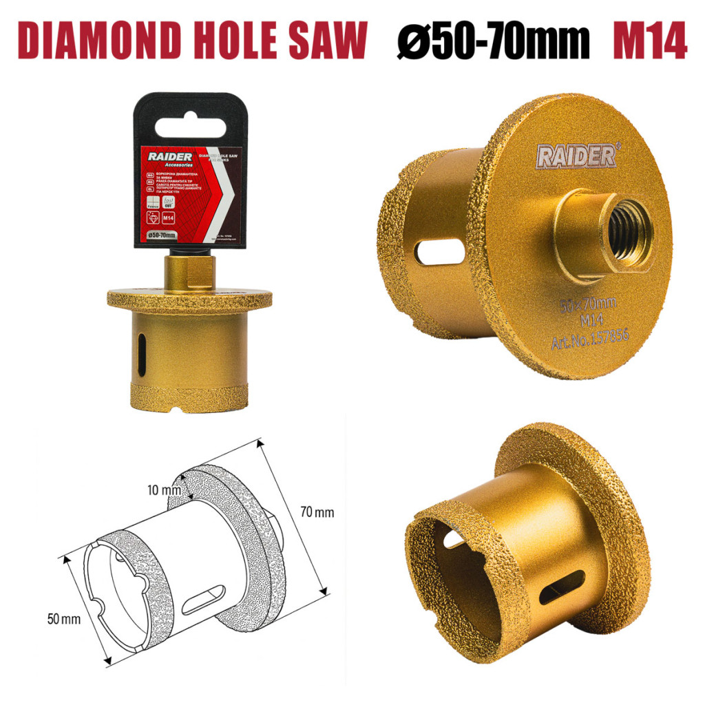 Боркорона Diamond за мивки Ø50–70mm x M14 – Raider Power Tools – снимка 1