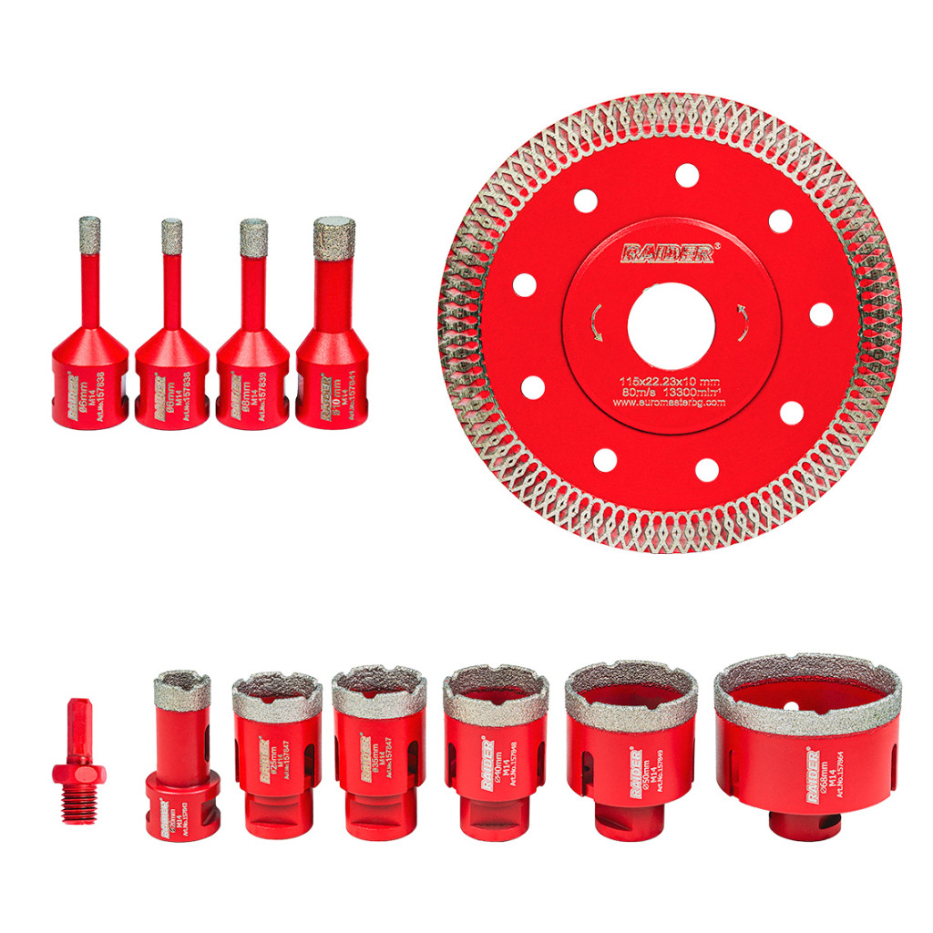 Боркорони Diamond Dry M14 Ø6-68mm+Диск+AL Case Set 12 бр. – Raider Power Tools – снимка 1