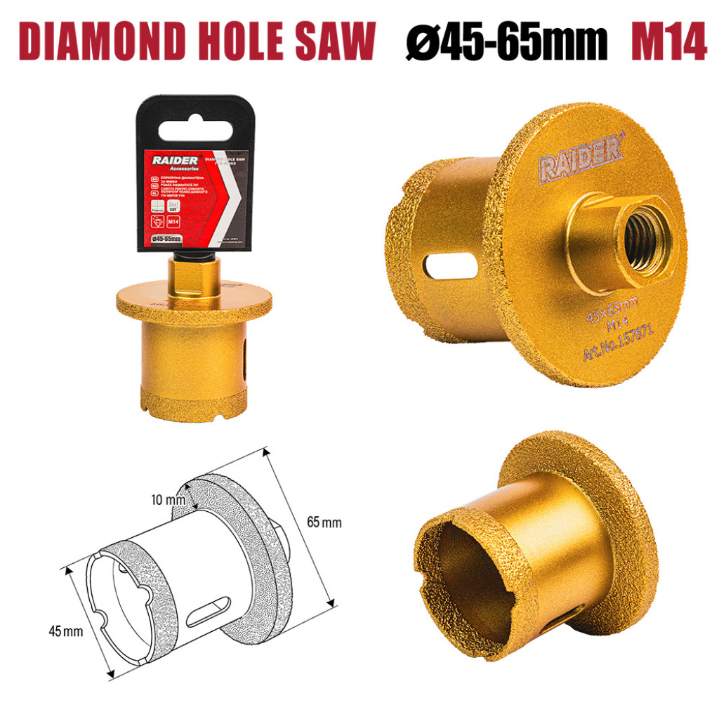 Боркорона Diamond за мивки Ø45–65mm x M14 – Raider Power Tools – снимка 1