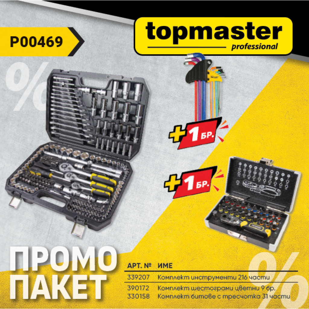 Пакет TMP- К-кт инстр.216ч.+подарък, Шестограми и К-т битове – Top Master Pro – снимка 1