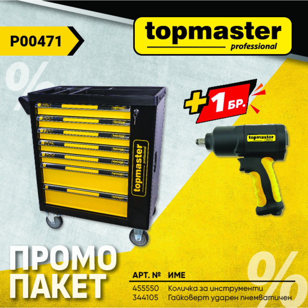 Пакет TMP- Количка за инстр. 219 ч. + подарък, Гайковерт – Top Master Pro – снимка 1